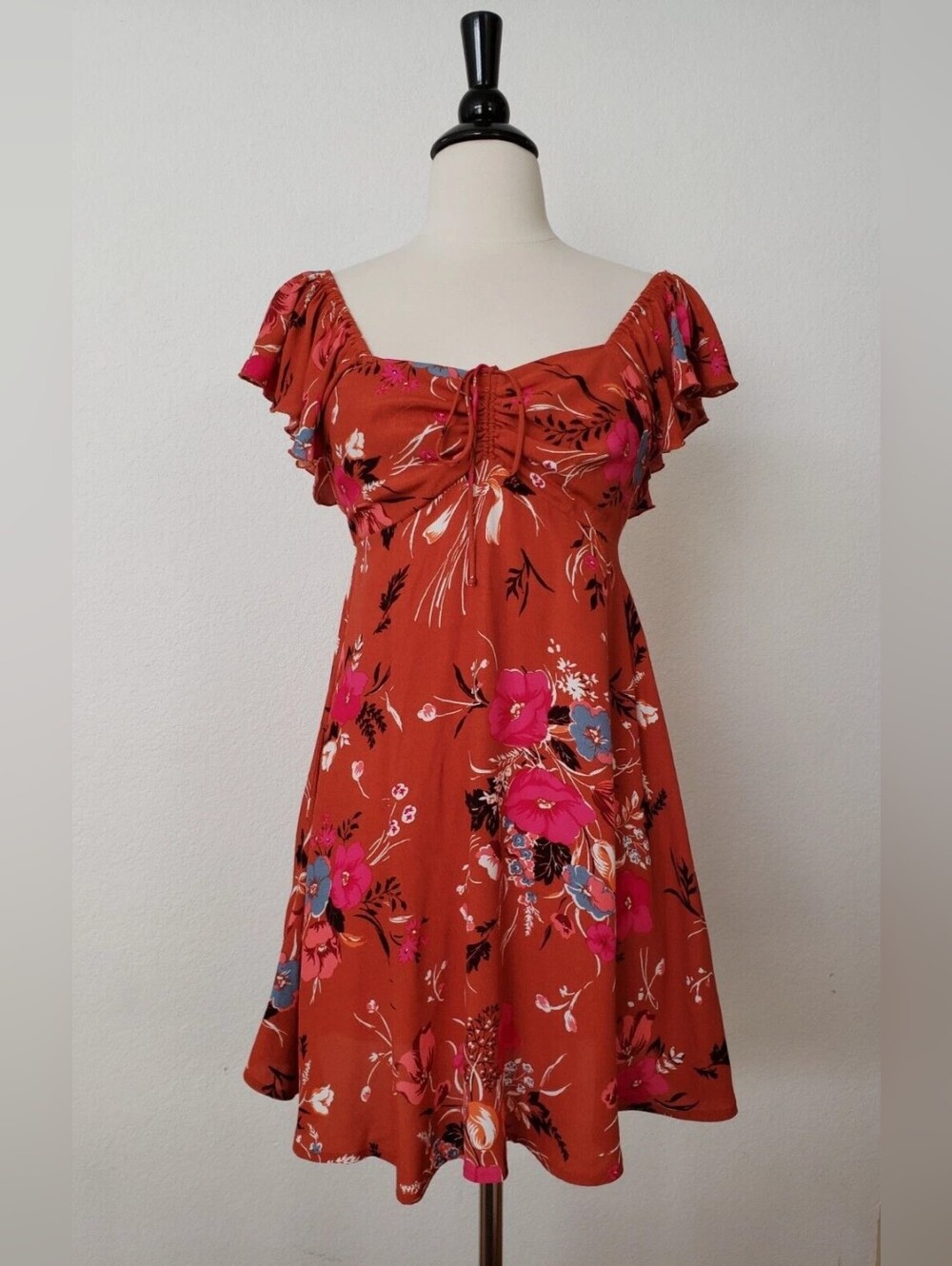 Rust Floral Off-Shoulder Dress with Ruffle Sleeve
